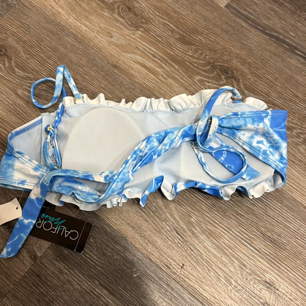 NWT California Waves blue white tie dye smocked strapless swim bikini top L - Picture 6 of 8